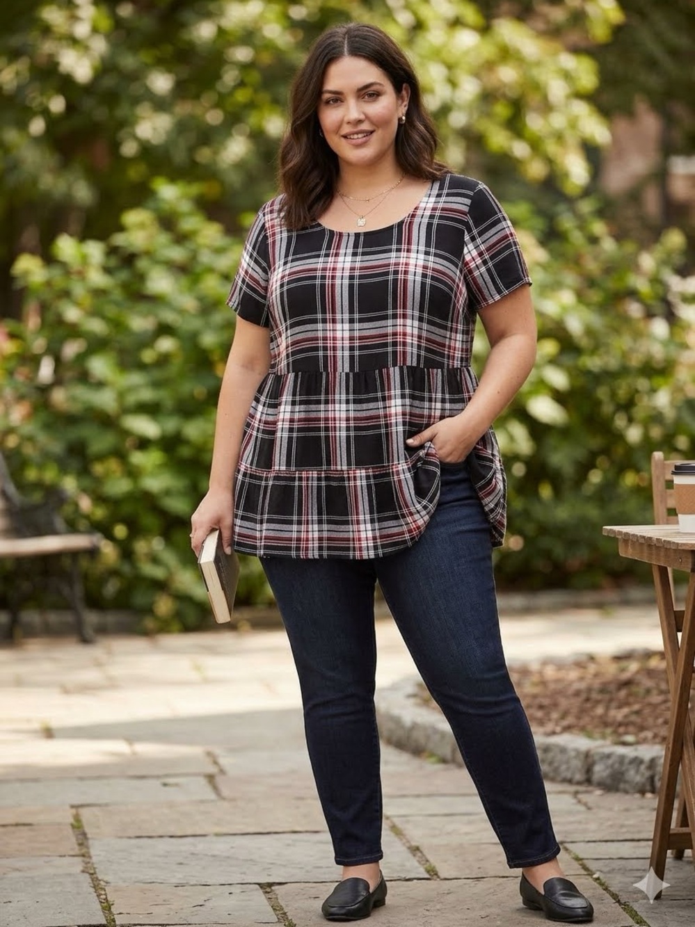 torrid Black Plaid Short-Sleeve Peplum Tunic with Red & White Accents